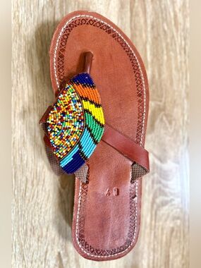 Leather Beaded Toe-Post Sandal with Multicolor Beadwork